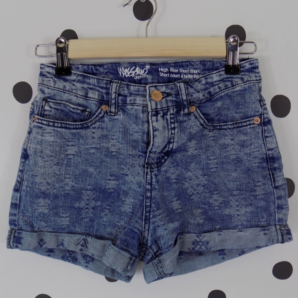 High Waist Blue Denim Shorts with Distressed Finish